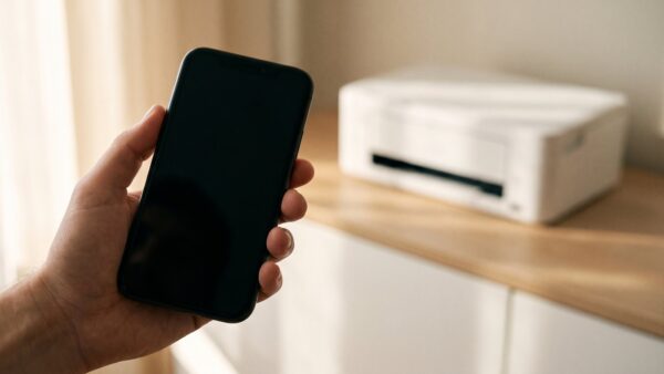 drucker mit wlan verbinden bild 3 Hand hält ein Smartphone vor einem weißen Drucker im Hintergrund