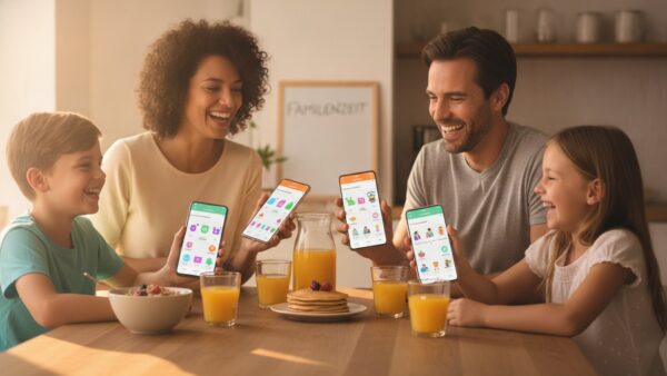 duolingo super kosten bild 2 Familie lernt gemeinsam am KĂĽchentisch mit einem geteilten Sprach-Abo