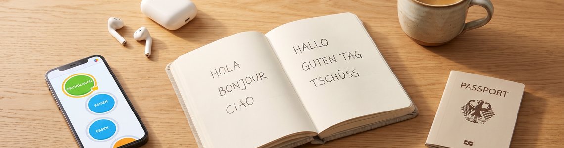 Smartphone mit Sprachlern-App, Vokabelheft und Kopfhörer auf dem Schreibtisch