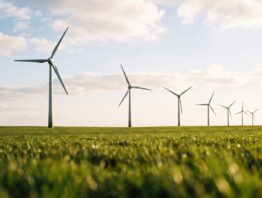 Windräder auf einer Wiese als Sinnbild für schwankende Stromerzeugung