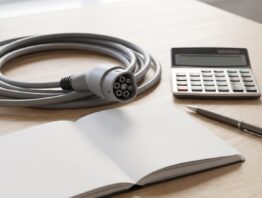 e auto laden kosten bild 1 Aufgerolltes Ladekabel neben Notizbuch und Taschenrechner auf einem Holztisch