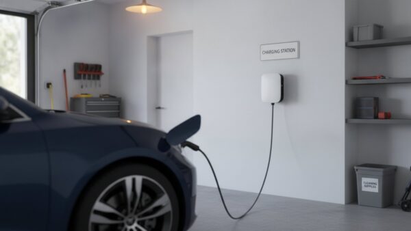 Weiße Wallbox an der Garagenwand, per Kabel mit einem dunkelblauen Elektroauto verbunden