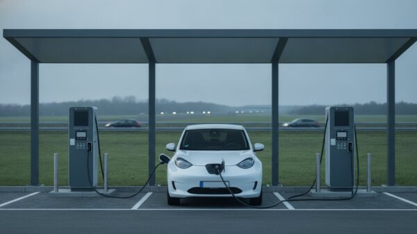 Einzelnes Elektroauto an einer Schnellladesäule in einem sonst leeren Ladepark