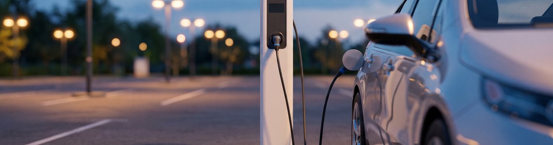 Silbernes Elektroauto an einer weißen Ladesäule auf einem Parkplatz in der Abenddämmerung