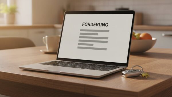e auto leasen oder kaufen foerderung E-Auto-Förderung 2026: Laptop mit Antragsformular Förderung und Autoschlüssel