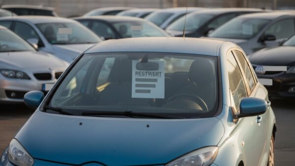 e auto leasen oder kaufen restwert Restwert beim E-Auto: gebrauchtes Elektroauto mit Restwert-Schild auf einem Gebrauchtwagenhof
