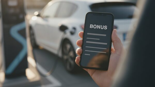 e auto leasen oder kaufen sparen E-Auto günstiger: Smartphone mit Bonus-Anzeige vor einer Ladesäule