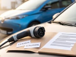 E-Auto leasen oder kaufen: Ladestecker und Vertragsordner mit den Karten Leasen und Kaufen