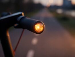 e scooter regeln 2027 bild 1 Leuchtender Blinker im Griffende eines E-Scooter-Lenkers in der Dämmerung