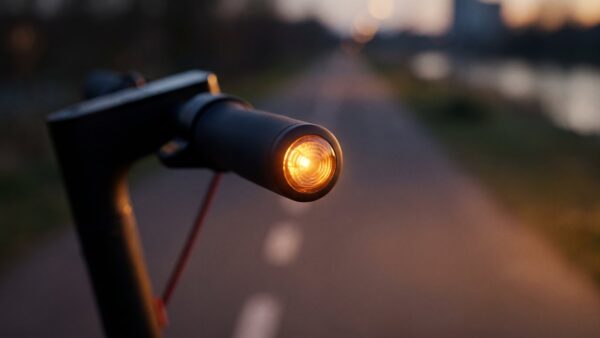e scooter regeln 2027 bild 1 Leuchtender Blinker im Griffende eines E-Scooter-Lenkers in der Dämmerung
