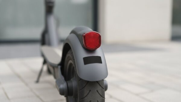 e scooter regeln 2027 bild 2 Heck eines E-Scooters mit Schlussleuchte und leerer schwarzer Plakette