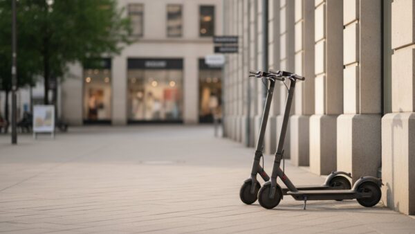 e scooter regeln 2027 bild 3 Zwei E-Scooter ordentlich an einer Hauswand auf einem breiten Gehweg geparkt