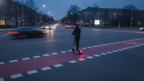 e scooter regeln 2027 bild 4 E-Scooter-Fahrer von hinten auf einem Radweg über eine Kreuzung in der Abenddämmerung
