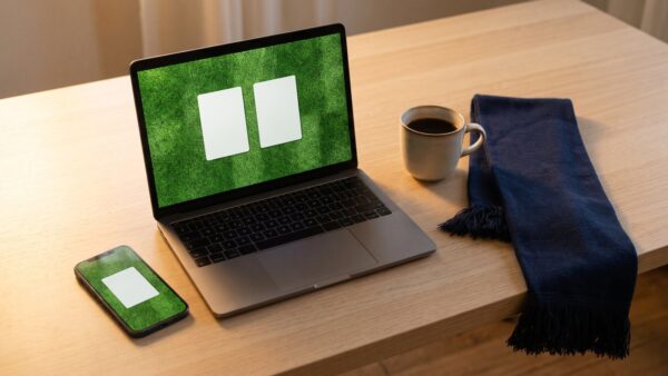 Notebook und Smartphone mit abstrakter Rasenfläche auf einem Schreibtisch neben einem Stadionschal