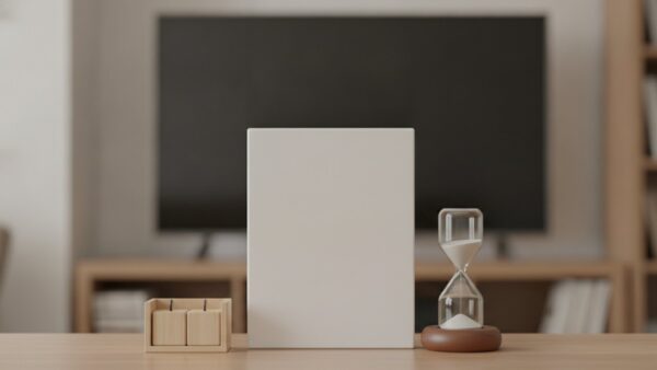 Unbeschriftete Spielehülle neben einer halb durchgelaufenen Sanduhr auf einem Wohnzimmerregal