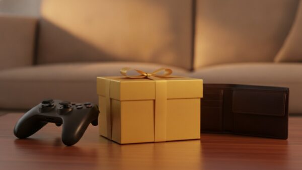 Goldenes Überraschungspäckchen neben Gamecontroller und leerer Geldbörse auf einem Couchtisch