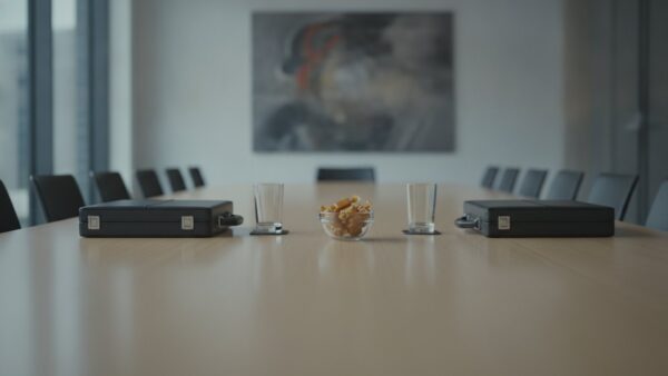 edeka storck bild 2 Konferenztisch mit zwei gegenüberliegenden Aktenmappen und einer Schale Karamellbonbons in der Mitte