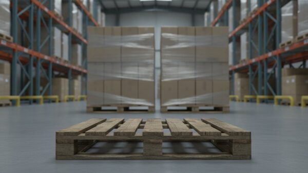 edeka storck bild 3 Leere Holzpalette im Vordergrund eines Lagers mit gestapelten unbedruckten Kartons