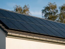 Satteldach eines Einfamilienhauses vollständig mit dunklen Solarmodulen belegt