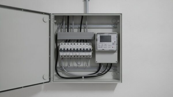 einspeiseverguetung bild 2 Geöffneter Zählerschrank mit Sicherungsautomaten und dunklem Zählerdisplay