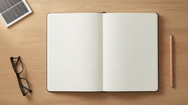 einspeiseverguetung bild 3 Leeres Notizbuch mit Bleistift, Solarmodul-Musterstück und Lesebrille auf einem Holzschreibtisch