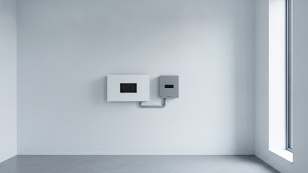 einspeiseverguetung bild 4 Weißer Batteriespeicher und grauer Wechselrichter an einer hellen Wand im Hauswirtschaftsraum