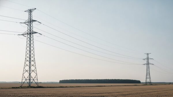 einspeiseverguetung bild 5 Zwei Hochspannungsmasten mit Freileitungen am Rand eines Feldes im Nachmittagslicht