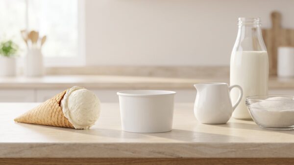 eis selber machen kosten Zutaten für selbstgemachtes Eis neben einem Eisbecher und einer Waffel mit Eiskugel