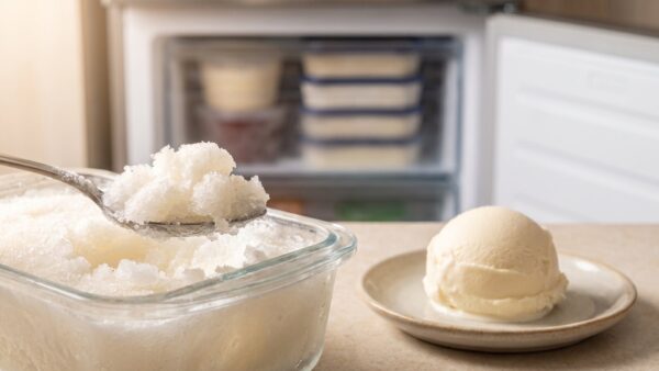 eis selber machen kristalle Grobkristalline Eismasse im Löffel neben einer cremigen Kugel selbstgemachtem Eis