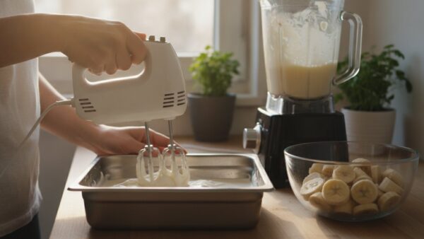 eis selber machen ohne maschine Halbgefrorene Eismasse wird mit dem Handmixer aufgeschlagen, daneben gefrorene Bananenscheiben