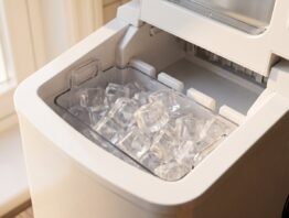 Blick in den Auffangbehälter mit frisch produzierten Eiswürfeln
