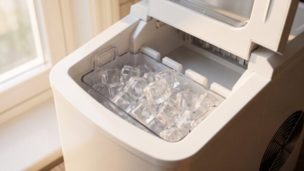 Blick in den Auffangbehälter mit frisch produzierten Eiswürfeln