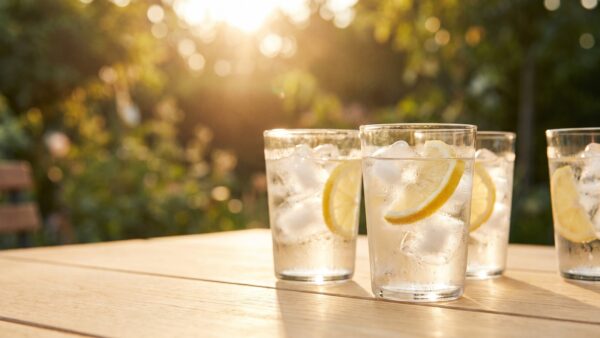 Gläser mit Eiswürfeln auf einem Gartentisch im Sommer