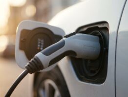 Ladestecker in der Ladebuchse einer hellen Fahrzeugkarosserie