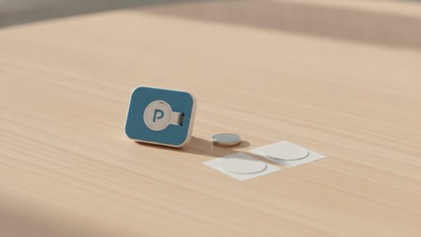 elektronische parkscheibe bild 2 RĂĽckseite einer elektronischen Parkscheibe mit Batteriefach, Knopfzelle und Klebepads