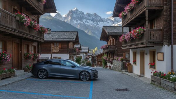 elektronische parkscheibe bild 4 Geparktes Auto in einer alpinen Dorfstraße mit blau markierten Parkplätzen