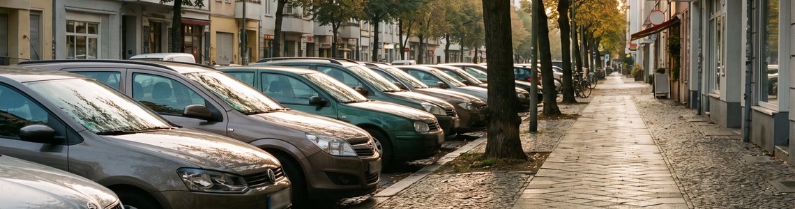 Schräg geparkte Autos in einer herbstlichen Innenstadtstraße