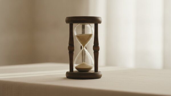 entnahmerate ruhestand bild 3 Halb durchgelaufene Sanduhr aus Holz und Glas auf heller Leinentischdecke