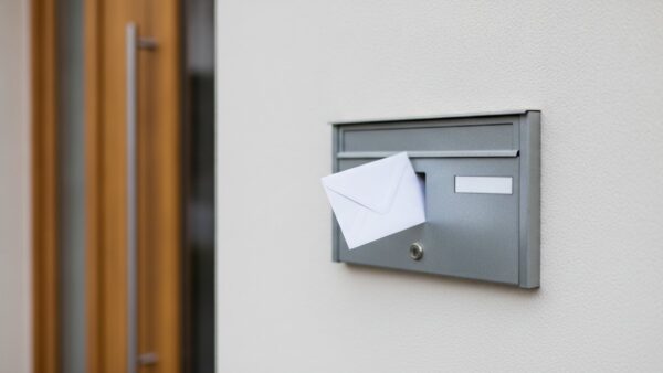 erbpacht bild 4 Grauer Briefkasten ohne Namensschild mit einem weiĂźen Umschlag vor einer HaustĂĽr aus Holz