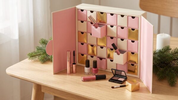 essence adventskalender 1 inhalt essence Adventskalender 2026 mit 24 Türchen und dekorativer Kosmetik auf einem Holztisch