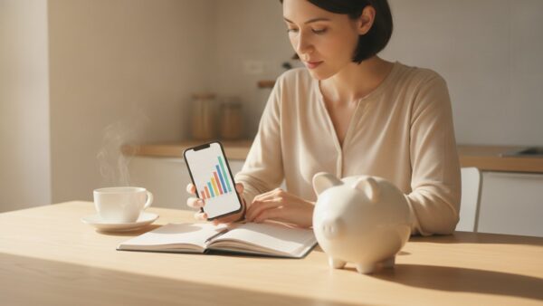 ezb leitzins tagesgeld sparen EZB Leitzins und Tagesgeld: Sparerin prĂŒft ihre Zinsen am Smartphone