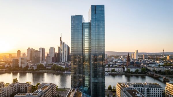 ezb leitzins zinsentscheid EZB Leitzins aktuell: Hochhaus-Skyline am Main in Frankfurt