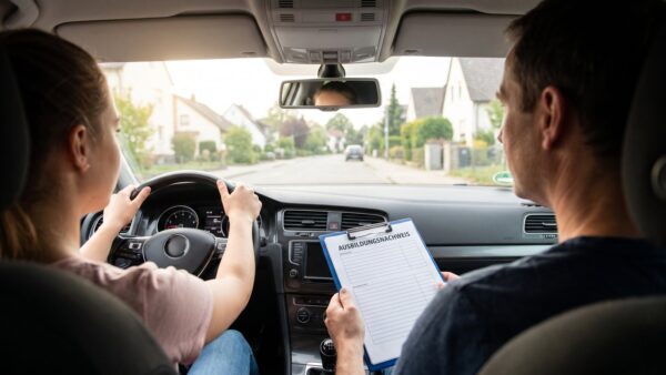 Fahrschülerin am Steuer neben dem Fahrlehrer mit Ausbildungsnachweis