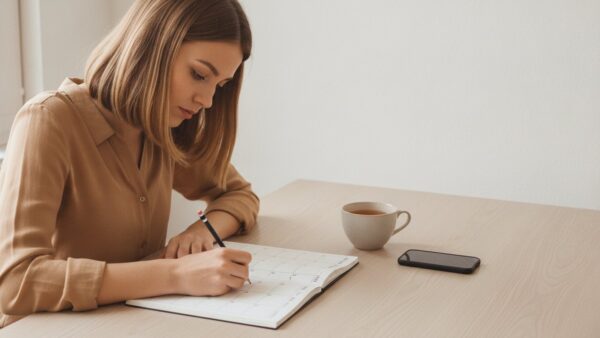 Junge Frau plant ihre Fahrstunden-Termine in einem Wochenkalender