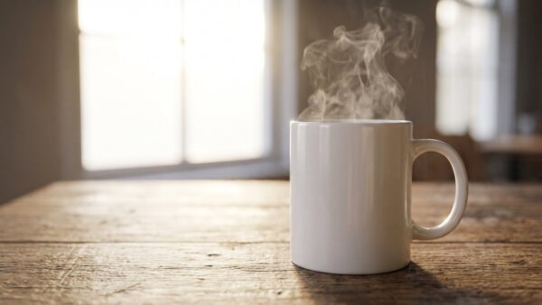 fashion outlet montabaur bild 3 Weiße unbedruckte Tasse mit dampfendem Getränk auf einem Holztisch