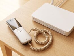 Festnetztelefon mit Router und Telefonkabel auf dem Tisch