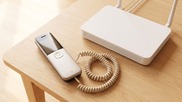festnetznummer mitnehmen bild 1 Festnetztelefon mit Router und Telefonkabel auf dem Tisch