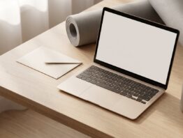 Laptop, unbeschrifteter Briefumschlag, Trainingsmatte und Trinkflasche auf einem hellen Schreibtisch