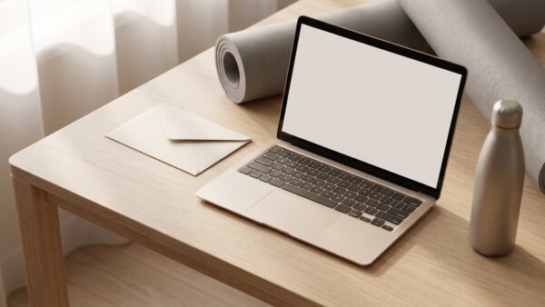 Laptop, unbeschrifteter Briefumschlag, Trainingsmatte und Trinkflasche auf einem hellen Schreibtisch