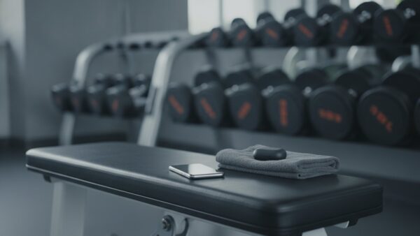 Smartphone mit dem Display nach unten, Handtuch und Ohrhörer auf einer Hantelbank im Fitnessstudio